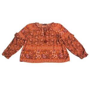 American Eagle Top Womens S Orange Paisley Peasant Boho Tasseled Ruffle Blouse‎